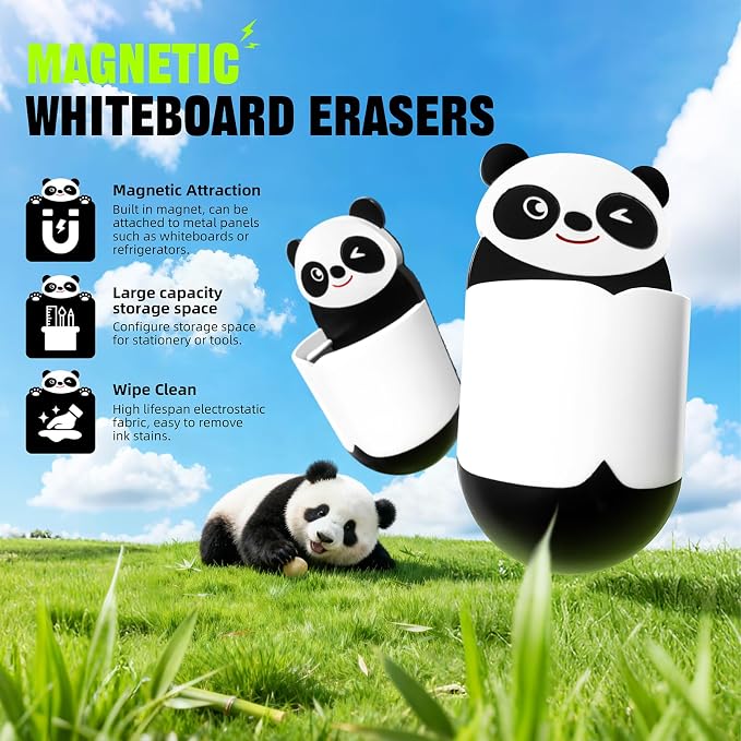 Cute Panda Magnetic Pen Holder, Strong Magnet for Glass Whiteboard, Refrigerator & Locker - 2 Pack Marker Organizer, Dry Erase Marker Holder for School, Home & Office (Black/White)