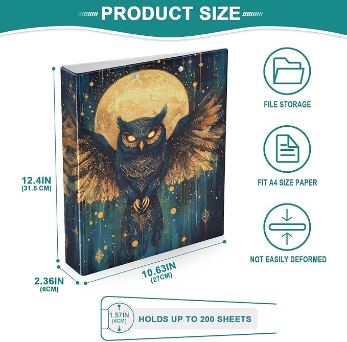 3 Ring Binder Owl Moon Moth Moon 1.5 inch Binders Three Ring Binders with Clipboard Fit 8.5'' x 11'' Paper 3 Interior PVC Clear Pockets for Office Supplies