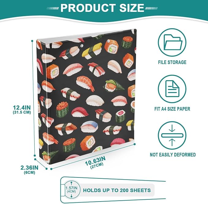 Japanese Food Sushi Decorative 3 Ring Binder 1.5 Inch Large View Binders with Pockets File Organizer for Office College School, 2 Pack