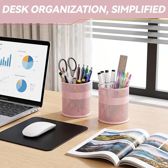 Segarty Pencil Holder, 3 Pack Pink Pen Holder, 3.3 x 3.9 inch Pencils Cups, Round Metal Pens Container Organizer for Office Supplies, School Classroom, Makeup Brush, Home Storage