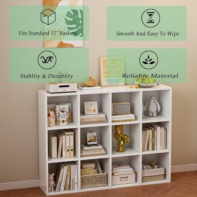 12-Cube Storage Shelf Bookcase, Warm White | Wooden 3-Tier Open Bookshelf, Fits 11×11" Bins, Vertical or Horizontal Use, Full Back Panels, For Home Office