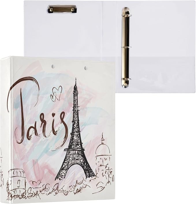 Eiffel Tower Round Ring Binders 1.5 Inch Paris Pink White 3 Ring Clipboard Binder for Office School Work Supplies File Folder 200 Sheet Capacity 2 Pieces