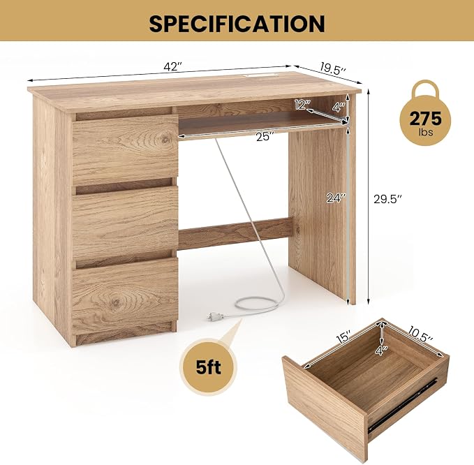 Tangkula Computer Desk with 3 Storage Drawers & Built-in Charging Station, Home Office Desk with Keyboard Tray, PC Desk Study Writing Desk, Vanity Table for Bedroom, Computer Workstation (Natural)