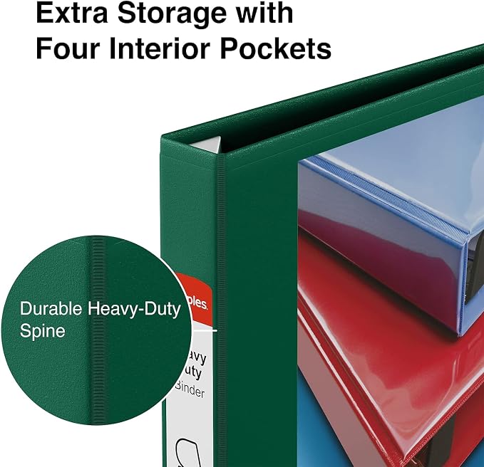 Staples Heavy Duty 1‑Inch 3‑Ring View Binder, Dark Green, Durable D‑Rings, Four Interior Pockets, Clear Overlay, 3‑Pack