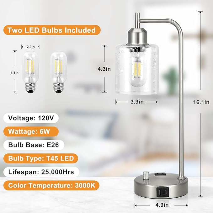 Industrial Table Lamps for Bedrooms Set of 2 - Fully Dimmable Bedside Lamps with USB A and C Ports and Outlet, Nickel Nightstand Lamps with Glass Shade for Living Room, Desk Lamps for Office Reading