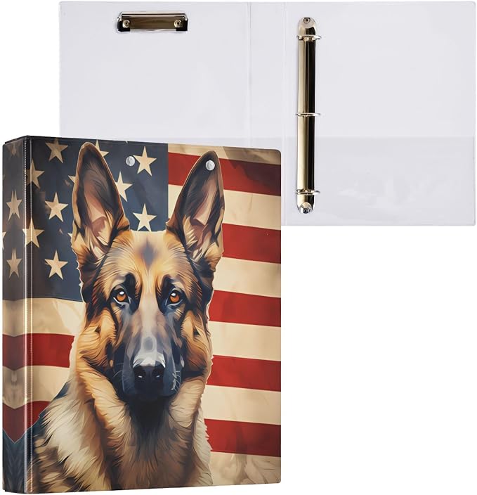 3 Ring Binder Dog German Shepherd American Flag 1.5" Round Ring Binders View Binder with 200 Sheet for Kids School Supplies Women Men Office, 1 Pack