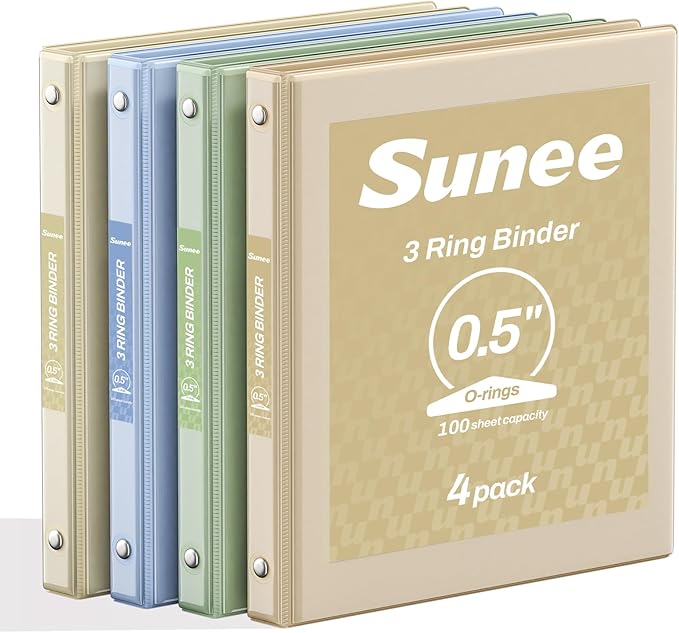 SUNEE 3 Ring Binder 1/2 Inch 4 Pack, Clear Half Inch View Binder Three Ring 0.5" PVC-Free (Fit 8.5x11 Inches) for School or Office Supplies, Neutral Aesthetic