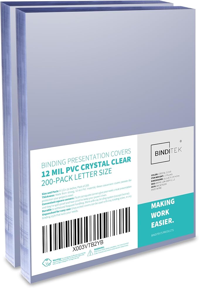 Binditek 12 Mil PVC Binding Covers, 8.5 x 11 Inches, Clear, 200 Pack | Plastic Binding Covers, 8.5" x 11" Letter Size, Clear, Square Corners, Unpunched, Ideal for Business Reports and Proposals