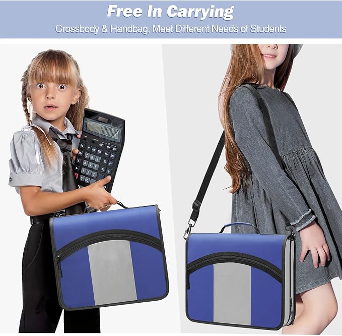 MoKo Zipper Binder with Strap, 3 Inch 3 O Ring, 600 Sheets, Blue & Gray | Water-repellent nylon with 2 folders, 2 mesh pockets and a outer pockets, reinforced handle and adjustable shoulder strap.