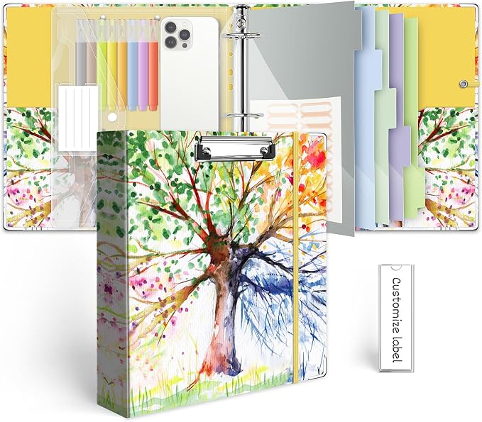2 Inch 3 Ring Binder Organizer with Clipboard, 5-Tabs Pockets Dividers, Plastic Folder, 18 Divider Stikers, KLLVE Three Ring Binder with Pen Loop (Green Tree, Letter Size)