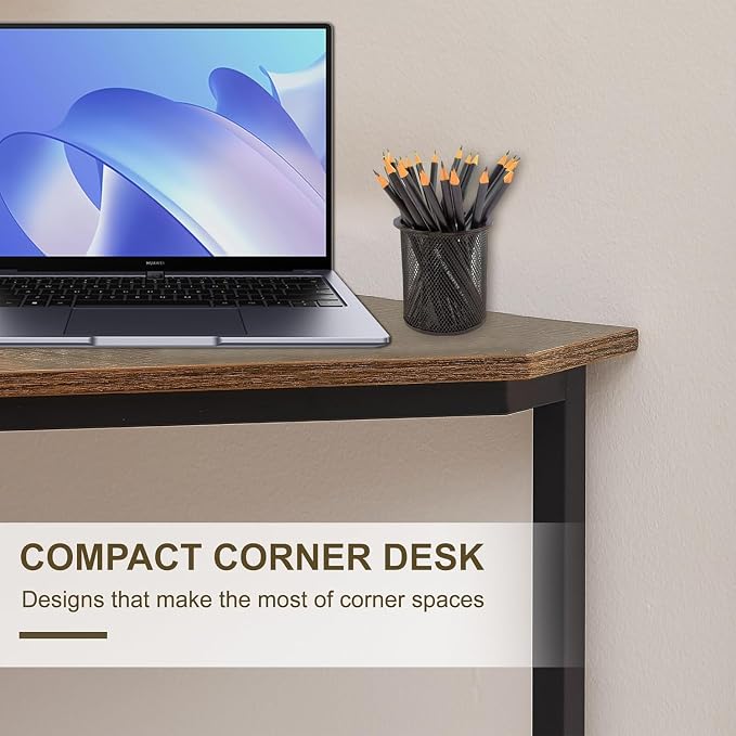 VECELO Corner Desk,Office Tables for Living Room for Small Space Triangle Computer Desk with Steel Frame Corner Shelves with Metal Frame Writing Desk for Workstation Rustic Brown 33.1" 2 Set