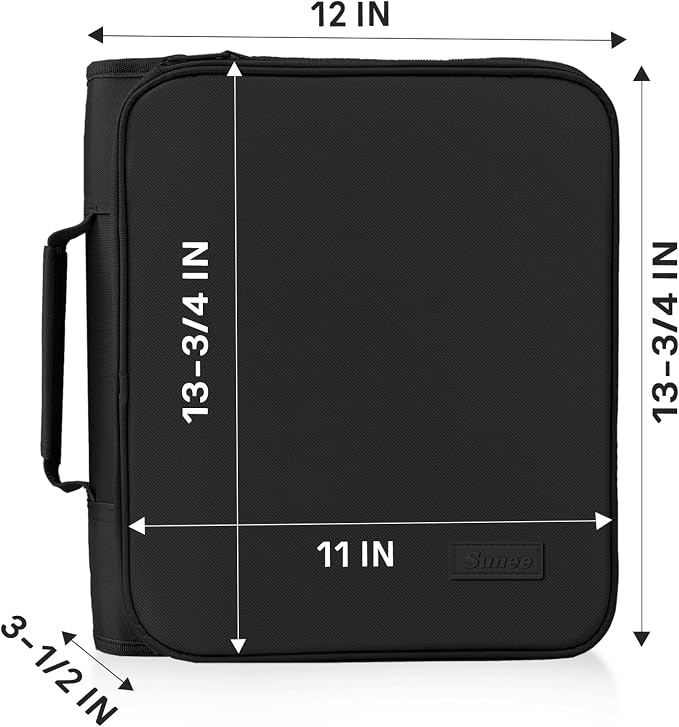 SUNEE Zippered Binder Bag with Handle, 2-Inch 3-Ring O-Ring, 500-Sheet Capacity, Includes Zip Pocket, 5-Tab Expanding File Folder, Multi-Pocket Organizer Binder for Middle School, Black