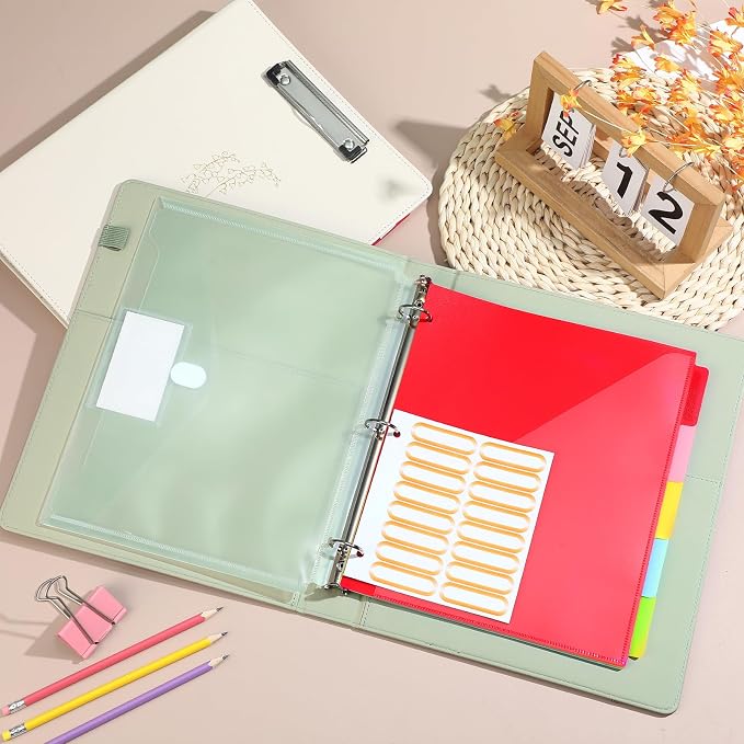 Honoson 2 Sets Leather 3 Ring Binder with Clipboard 1.5 Inch Aesthetic Binders Organizer Fit Letter Sized Paper 13 x 10.2 with 5 Tabs Pockets Dividers Folder and Divider Stickers for School Office