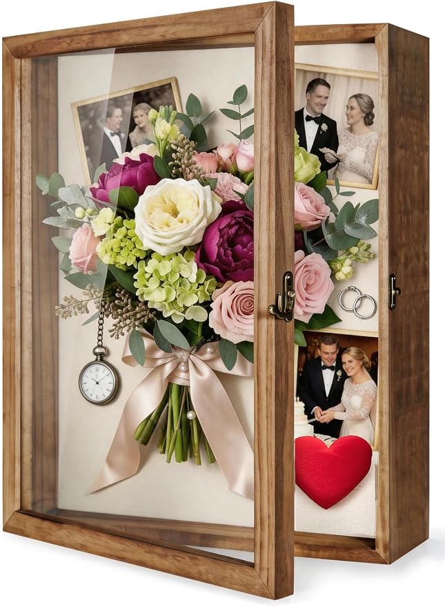 TJ.MOREE Large Shadow Box 13x16 Display Case Wood Picture Frame Carbonized | Fits 12x15.6 Inserts with Linen Back Rustic Keepsake Box with Glass for Memorabilia Bridal Shower Wedding Flowers Gifts