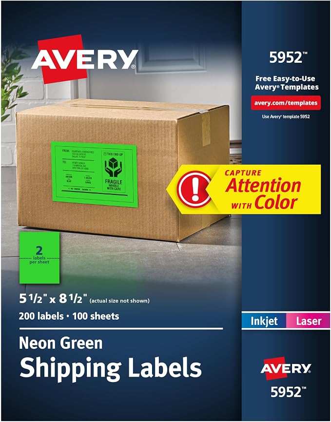 Avery® Printable Shipping Labels, 5-1/2" x 8-1/2", Neon Green, Laser & Inkjet Compatible, 200 Blank Labels Total, Great for Branding, Mailing, Organizing, and More (5952)
