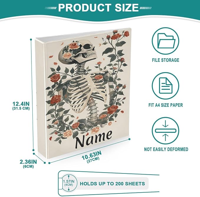 Custom 3 Ring Binder Skeleton and Roses 1.5" Round Ring Binders Personalized Name View Binder with 200 Sheet for Women Men Office Kids School Supplies, 1 Pack