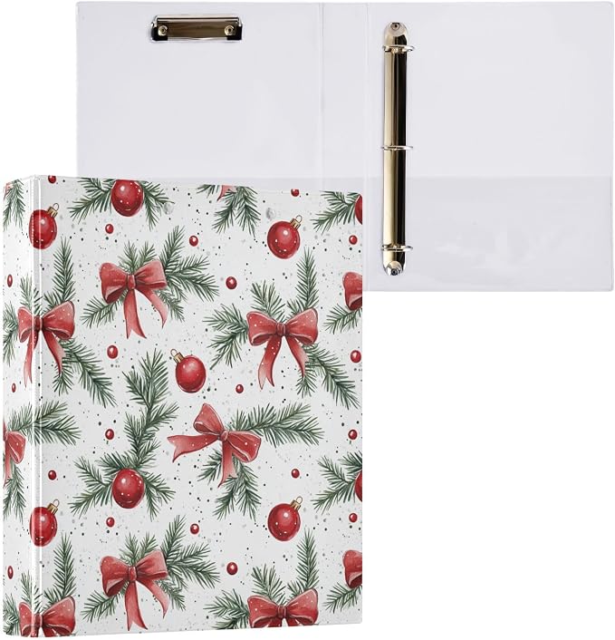 Watercolor Christmas Red Bows and Green Fir 3 Ring Binder 1.5" Decorative D-Ring Binder with Clipboard&3 Clear Pockets, Holds 200 Sheets A4 Size Paper Waterproof Binders for School Home Office|2 Pack