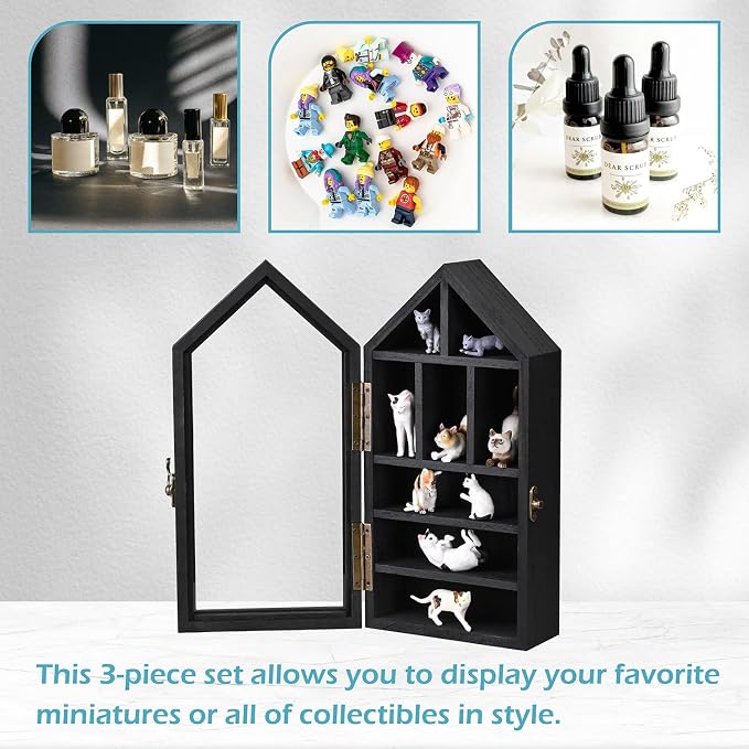 Ikee Design 3-Pc Wall-Mounted Wooden Display Case with Glass Doors | Shadow Cubby Box Display Shelf Wall-Mounted with Door Storage Display Case for Collectibles, Trinkets, Mini Figures, Black