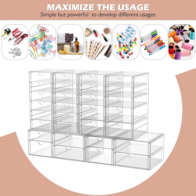 6-Pack 30-Drawer Acrylic Storage & Makeup Organizer for Desk | Smooth-glide drawers, clear body, dustproof, for office supplies, pens, stationery, jewelry, cosmetics, craft bits