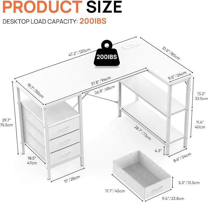 Alpen L Shaped Computer Desk, 47 Inch Corner Desk with Drawers and Power Outlets, Home Office Desk for Gaming, Study Writing PC Table with Storage and Reversible Shelf, White