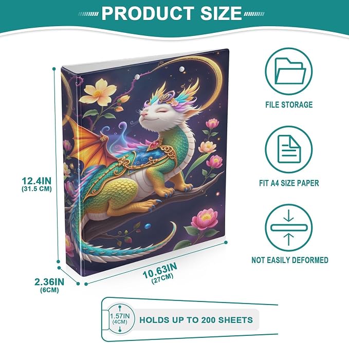 ALAZA 3 Ring Binder Stylish Cute Dragon Clipboard Round Ring Binder Holds 1.5 Inch Three Rings Binders for Office Supplies, 1Pack