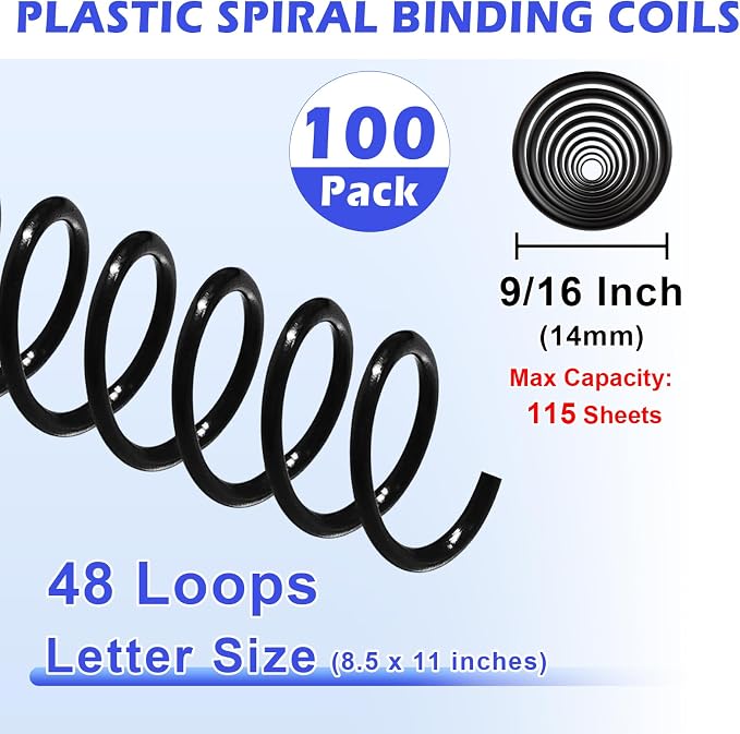 TOTiyea 100 Pack Spiral Coils,14mm,4:1 Pitch 115 Sheet Capacity | Spiral binding coils,Black,can be used with letter size (8.5x11") or A4 size paper (8.3x11.7"),bound projects can lay flat
