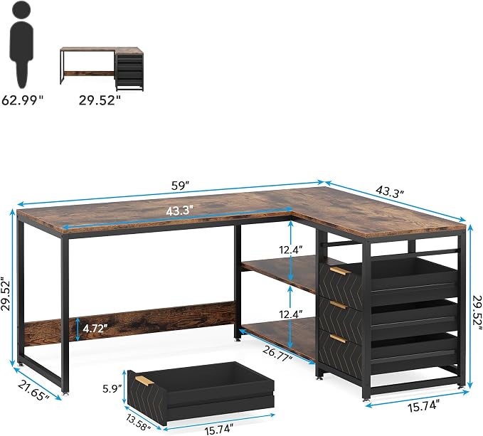 LITTLE TREE 59-Inch L Shaped Desk with Drawers, Large Computer Desk with Storage Shelves, Reversible L-Shaped Corner Desk Workstation for Home Office