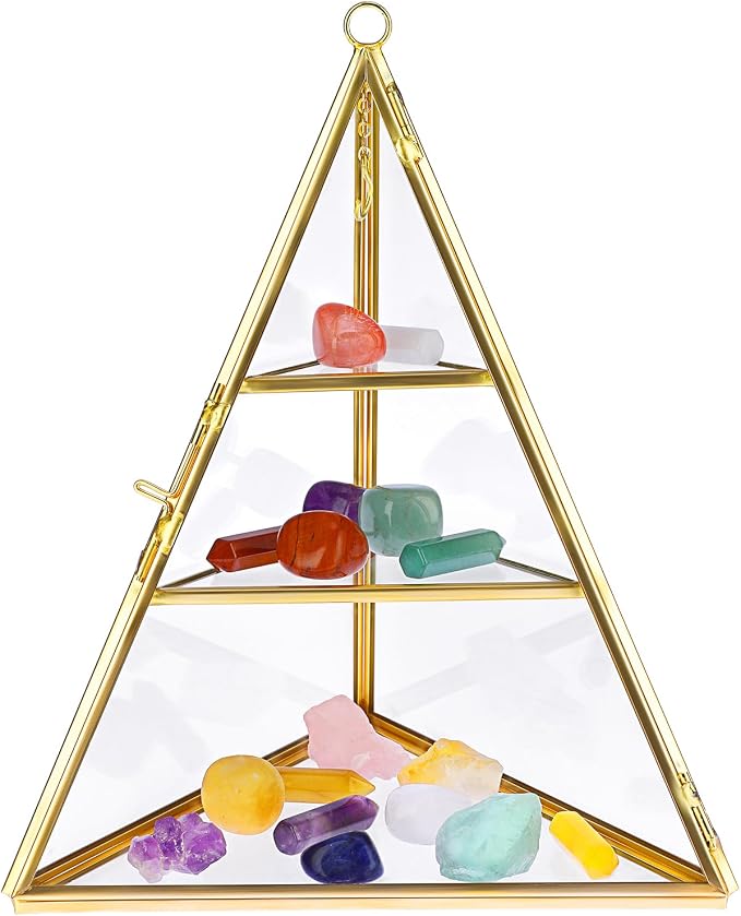 ELLDOO 3 Tier Glass Display Case for Collectibles, Triangular Crystal Display Shelf, Crystal Holder Decorative Display Tray for Crystals Healing Stones Marbles, Gold Metal Jewelry Display Stand