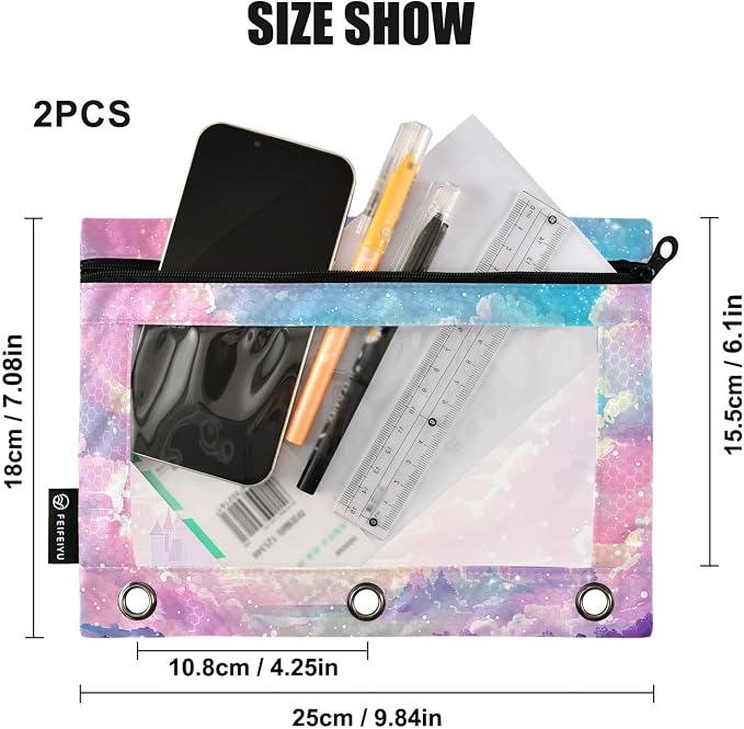 Princess Castle Pink Sky Pencil Pouch for 3 Ring Binder, 2 Pack Waterproof Pencil Bags Clear Window Pencil Case Zipper School Office Supplies