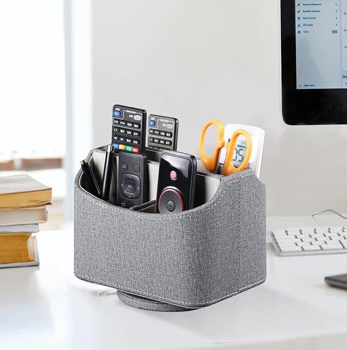 360° Swivel Remote Control Holder,TV Remote Caddy for Nightstand Table | PU Leather Spinning Bedside Table Office Desk Storage Box Organizer for Controller,Glasses,Pen, Decorations for Living Room