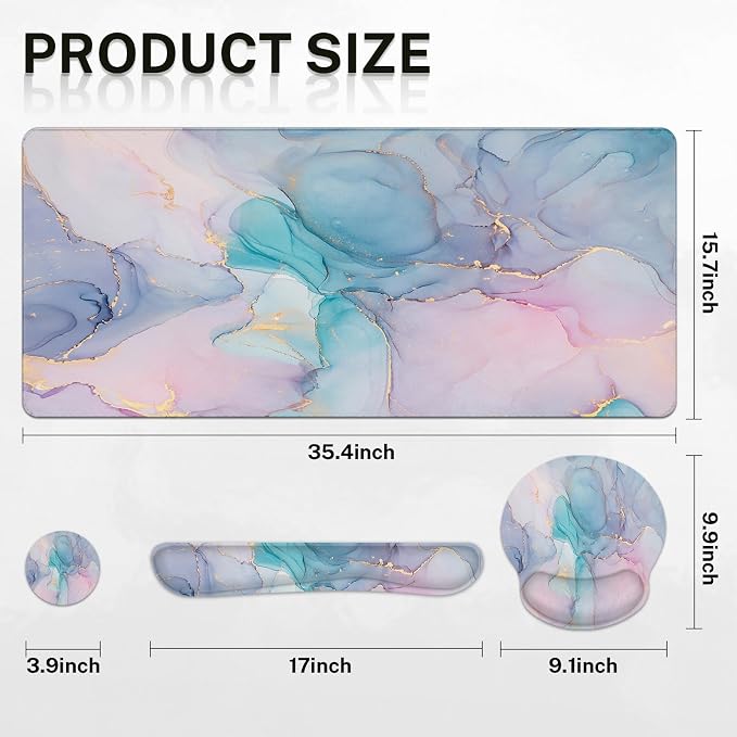 Keyboard Mouse Pad Set, 4 in 1 Desk Mat Set, Liquid Marbling | Blue Purple Large Mousepad+Keyboard Wrist Rest+Mouse Wrist Rest+Coaster Ergonomic Design for Home Office Computer