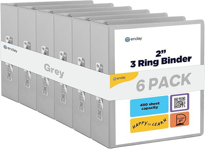 Enday 2 inch 3 Ring Binder (6 Pack - Grey) Binder 2 inch with Clear View Cover and 2 Inside Pocket - for Letter Size 8.5 x 11'' Paper, Ideal for School Supplies, Office, and Home