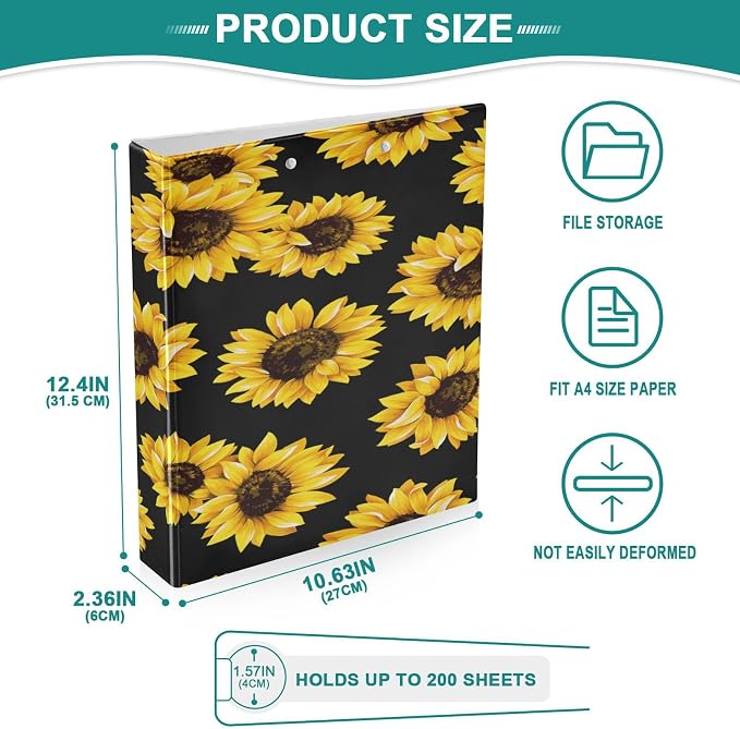Sunflower Pattern Clipboard Binder with 2 Pockets, 1.5 Inch Three Ring Binder