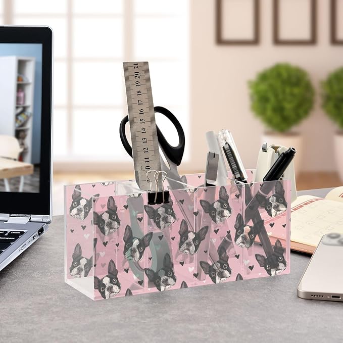 Cartoon French Bulldog Pink Acrylic Pencil Pen Holder Desk Accessories Holder, Cosmetic Brush Organizer Modern Design Desktop Stationery Organizer for Office School Home 7.87 x 2.48 x 3.54 In