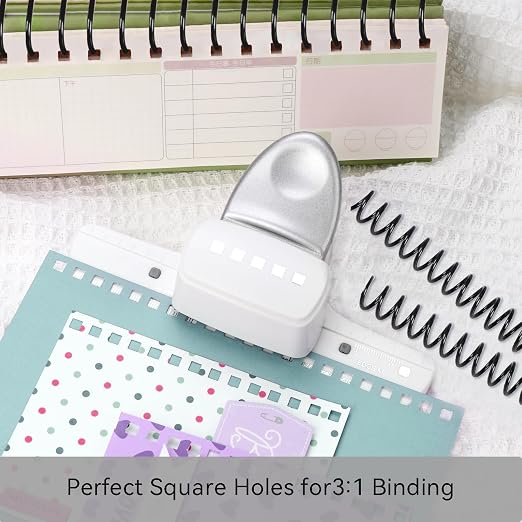5-Hole Punch Square Paper Punch Manual Book Binding Machine with 20PCS 3:1 Pitch Plastic Spiral Binding Coils for Planners, Notebooks, Journals or Scrapbooks (Silver and White)