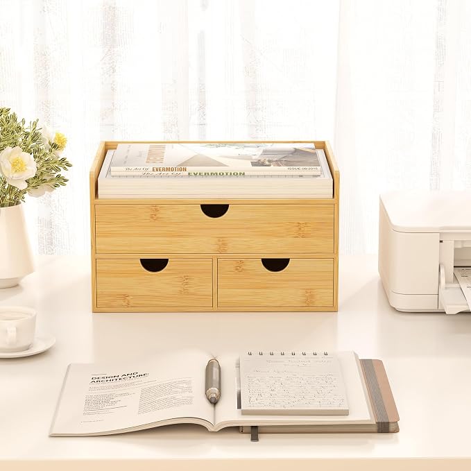 Bamboo Desk Organizer wtih Drawers Mini Desktop Drawer Tabletop Storage | 100% Bamboo Countertop Organizer Drawers,Makeup Storage,Kitchen Spice Organizers,3 Drawer Tabletop Storage,for Home Office