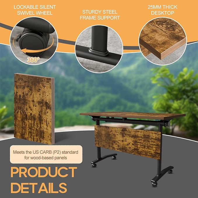 Folding Conference Table 4ft 5ft, Foldable Office Meeting Desk for 6 People, Multiple Sizes Colors Mobile Conference Room Table for Training Room School Business Furniture (6, Brown, 47in)