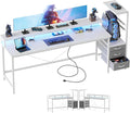 68 inch Gaming Desk with Drawers, Reversible Computer Desk, White | Gamer Desk with LED Lights, Power Outlets & Monitor Stand, Large Office Table for Home Bedroom Study Work Writing
