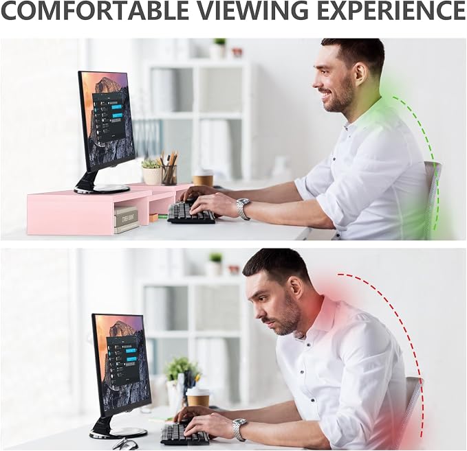 TAVR Dual Monitor Stand Riser, Wooden Computer Monitor Stand for 2 Monitors | Extra Long Multifunctional Desktop Organizer Riser for TV, PC Monitor, Laptop, Printer, Max 43.3" Length, Pink