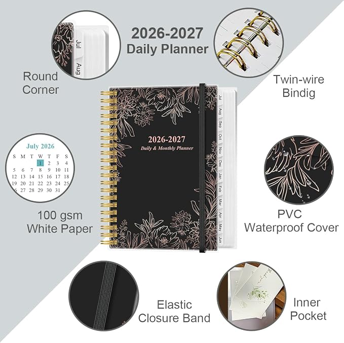 Daily Planner 2026-2027 Full Page Per Day- 2026-2027 Daily & Monthly Planner from July 2026 to June 2027, Day Planner 2026-27 with 12 Months Tabs, 6.4" x 8.5", Black Flowers