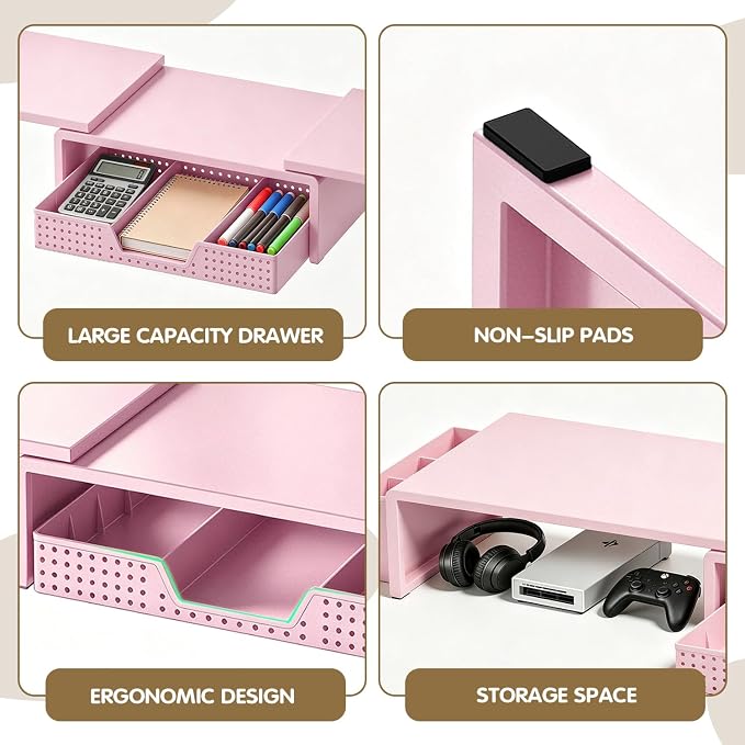 LEKETREE Dual Monitor Stand Riser with Drawer, Desk Organizer and Accessories, Monitor Stand for Desk, Desktop Stand for Computer, Laptop, TV and More (Pink)