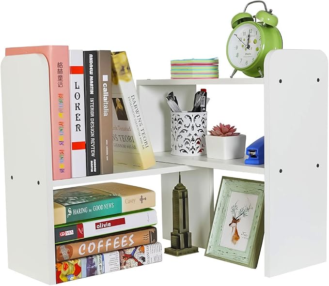 Desk Organizer Desktop Shelf Adjustable Countertop Bookshelf Small Table Shelves Book Organizer Office Organization for Desk, White