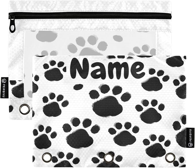 Custom Black Paws Print Pencil Pouch for 3 Ring Binder, 2 Pack Personalized Name Waterproof Pencil Bags Clear Window Pencil Case School Office Supplies