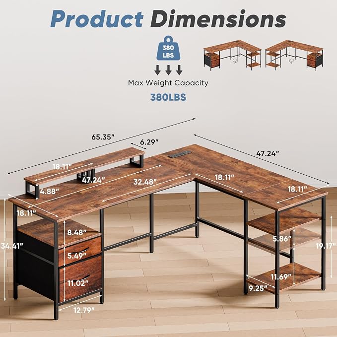 DUMOS 62” L Shaped Desk with Drawers and Power Outlet, Rustic Brown | Reversible Computer Desk with 2 Monitor Stands and Storage Shelves, Office Desk for Gaming, Writing and Studying