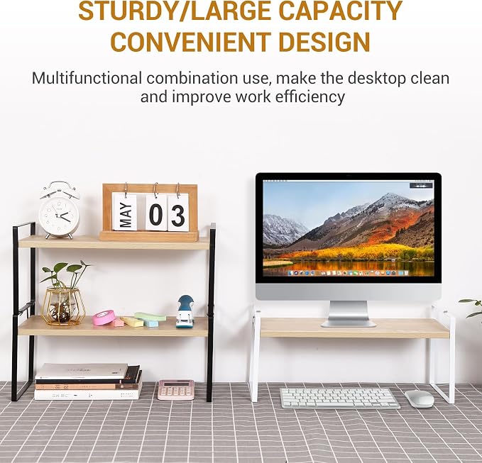 YGYQZ Desk Shelf Organizer for Top of Desk, 1-Tier Desktop Bookshelf, White & Wood