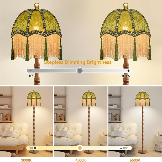 ZECOXOL Wood Floor Lamps for Living Room Boho Rustic Floor Lamp with Remote Control,Dimmable Vintage Floor Lamp Green Mid Century Modern Standing Lamp Pole Tall Fringe Floor Lamp for Bedroom Corner