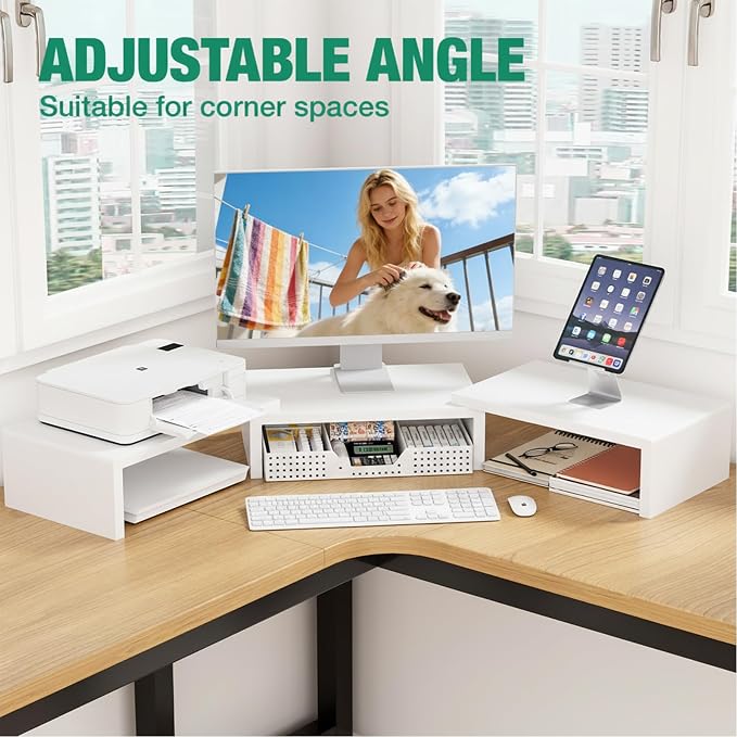 Dual Computer Monitor Stand Riser, Desk Organizer with Drawer, Office Desk Accessories & Workspace Organizers for Home Office Supplies, White