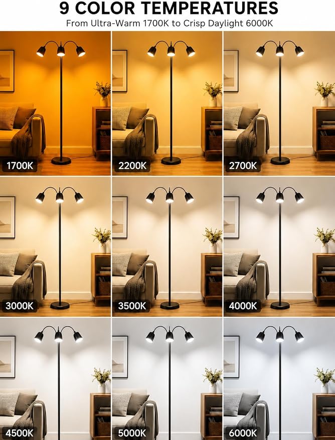 1700K Ultra-Warm 3-Head Floor Lamp, 80.7" Tall Standing Lamp with Stepless 1700K-6000K Color Temperature and Brightness, Individually Controlled Lights, Remote, Timer & Memory for Living Room Bedroom