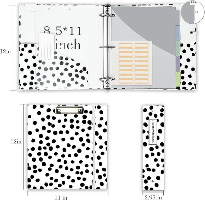 3 Ring Binder Organizer, 2 Inch Three Ring Binders with Clipboard, 5-Tabs Pockets Dividers, Transparent Plastic Folder, Pen Loop, 18 Divider Stikers, BVSSX Decorative Binder, Polka Dot, Letter Size