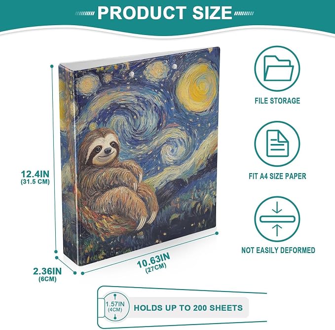 ALAZA 3 Ring Binder Sloth Van Gogh Starry Sky Clipboard Round Ring Binder Holds 1.5 Inch Three Ring Binder Heavy Duty Ring Binders for Office Supplies, 1Pack